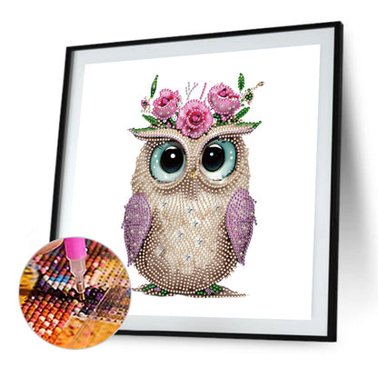 Owl With Flowers - Special Shaped Drill Diamond Painting 30*30CM