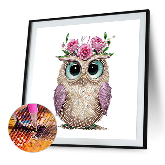 Owl With Flowers - Special Shaped Drill Diamond Painting 30*30CM