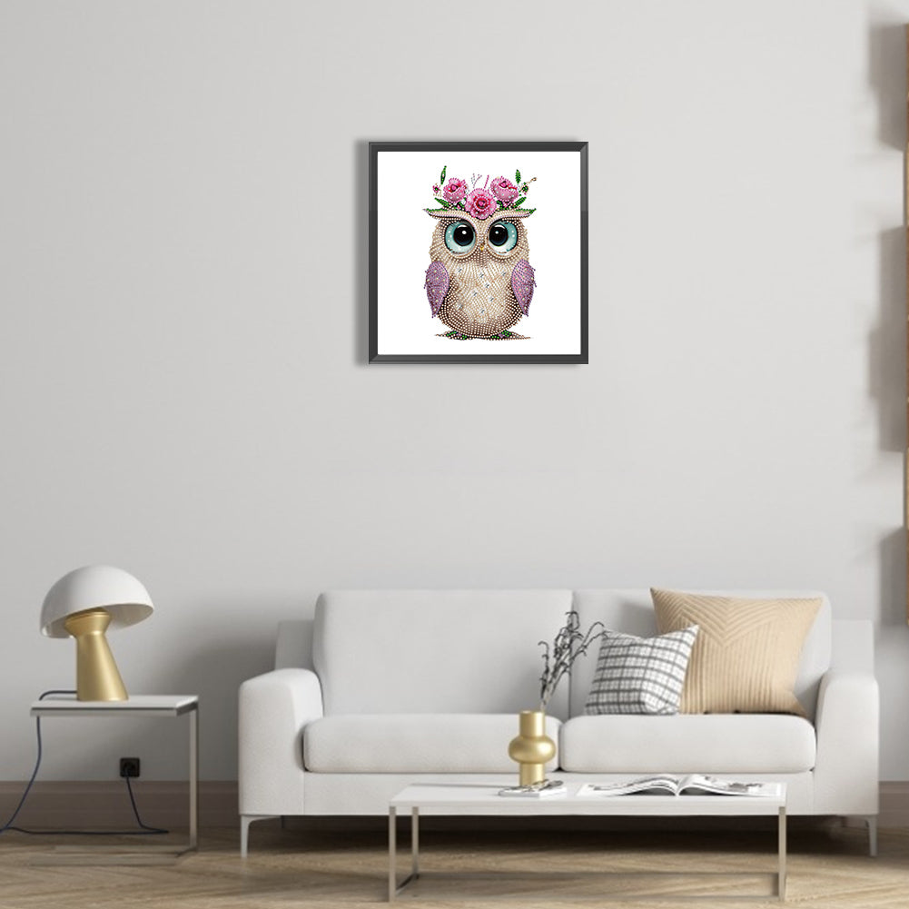 Owl With Flowers - Special Shaped Drill Diamond Painting 30*30CM