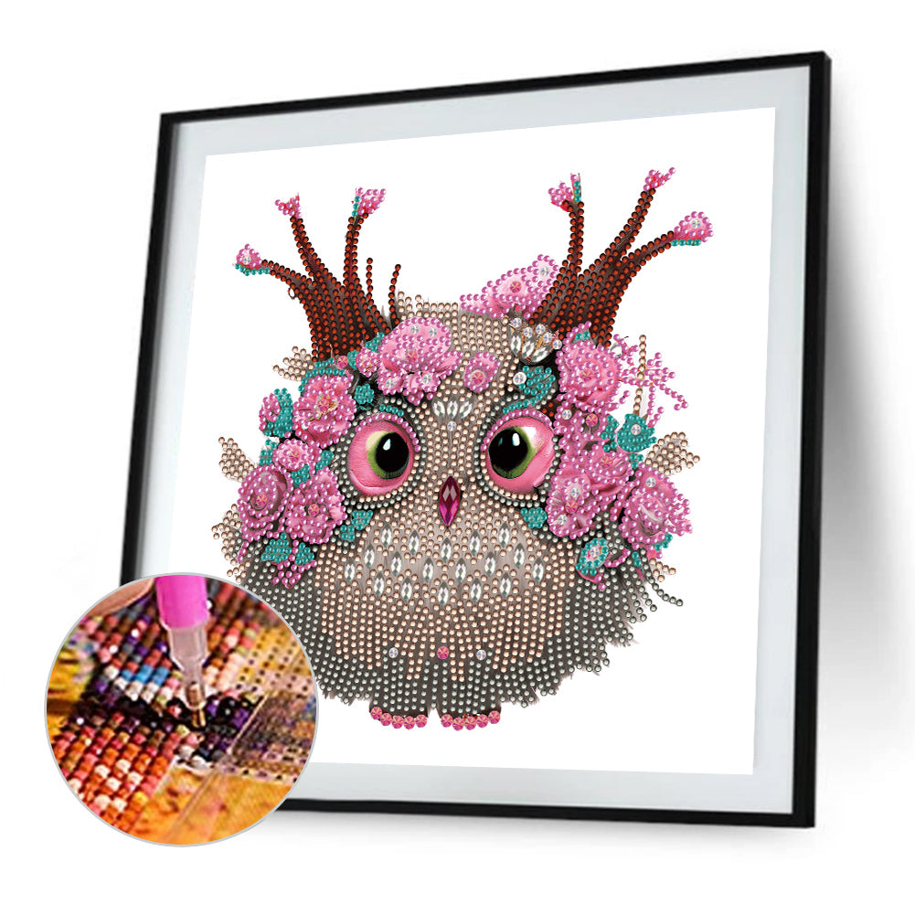 Owl With Flowers - Special Shaped Drill Diamond Painting 30*30CM