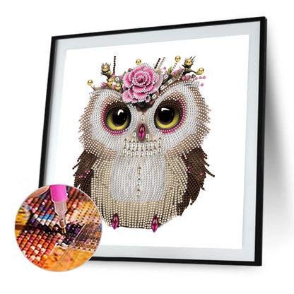 Owl With Flowers - Special Shaped Drill Diamond Painting 30*30CM