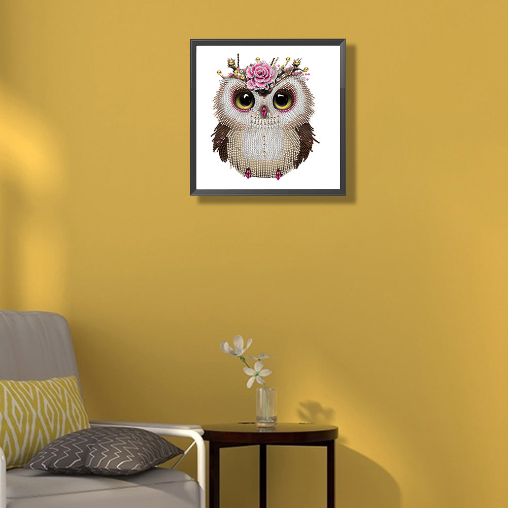 Owl With Flowers - Special Shaped Drill Diamond Painting 30*30CM