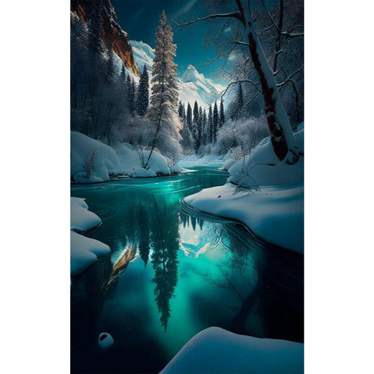 Winter Mountain Lake - Full Round Drill Diamond Painting 50*80CM