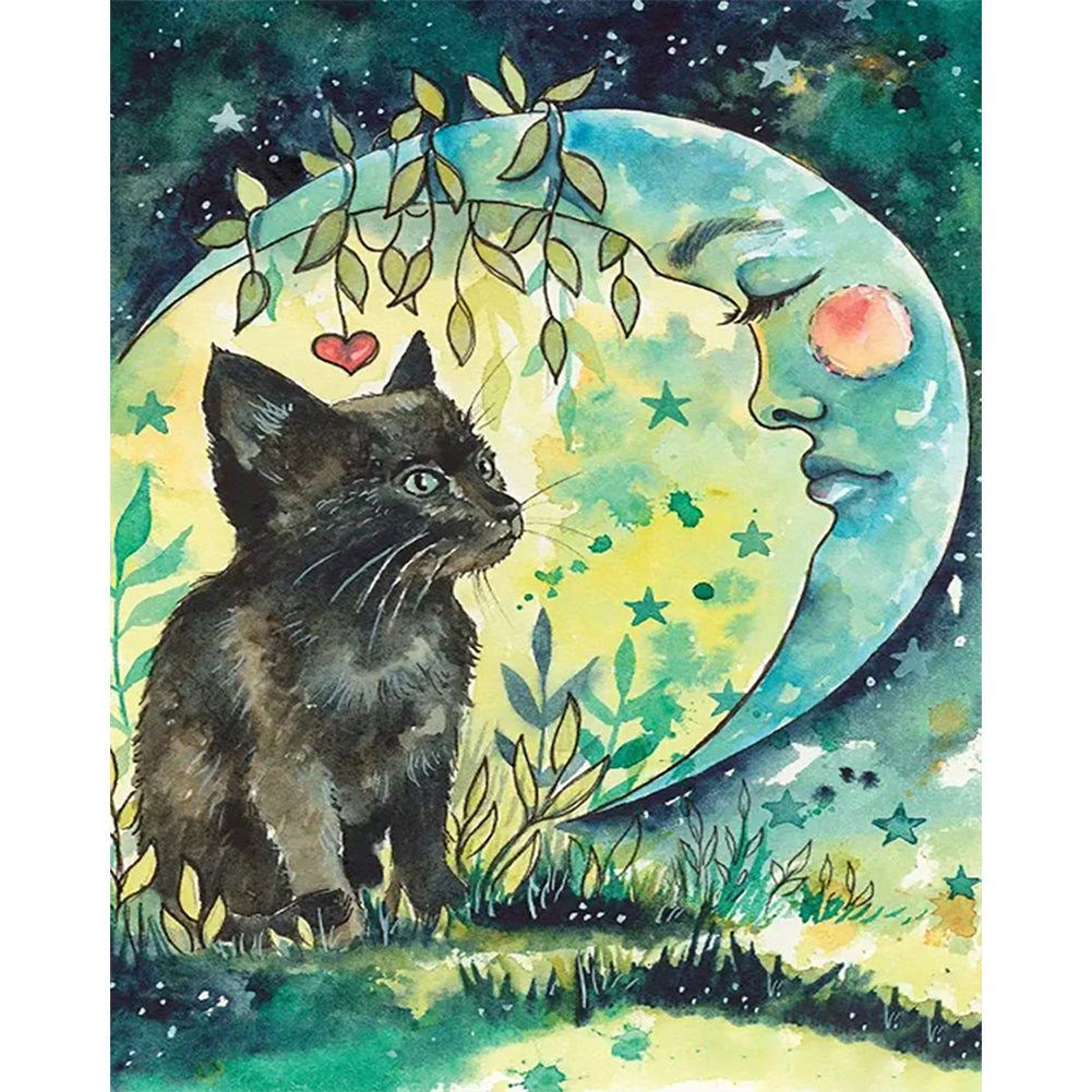 Cat Looking At The Moon - Full Round Drill Diamond Painting 30*40CM