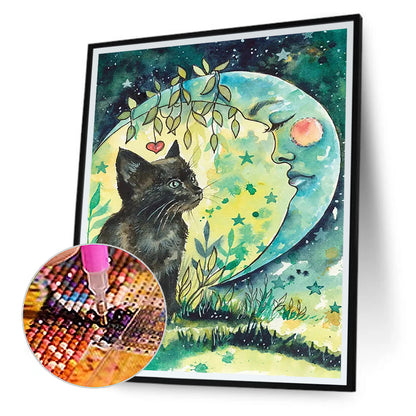 Cat Looking At The Moon - Full Round Drill Diamond Painting 30*40CM