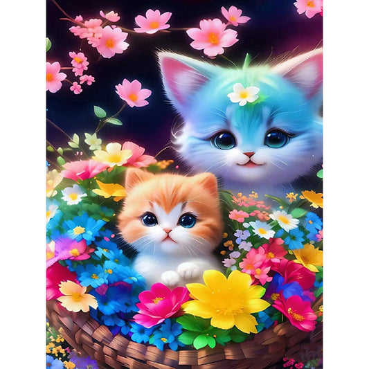 Blue Cat Mother And Kitten - Full Round Drill Diamond Painting 30*40CM