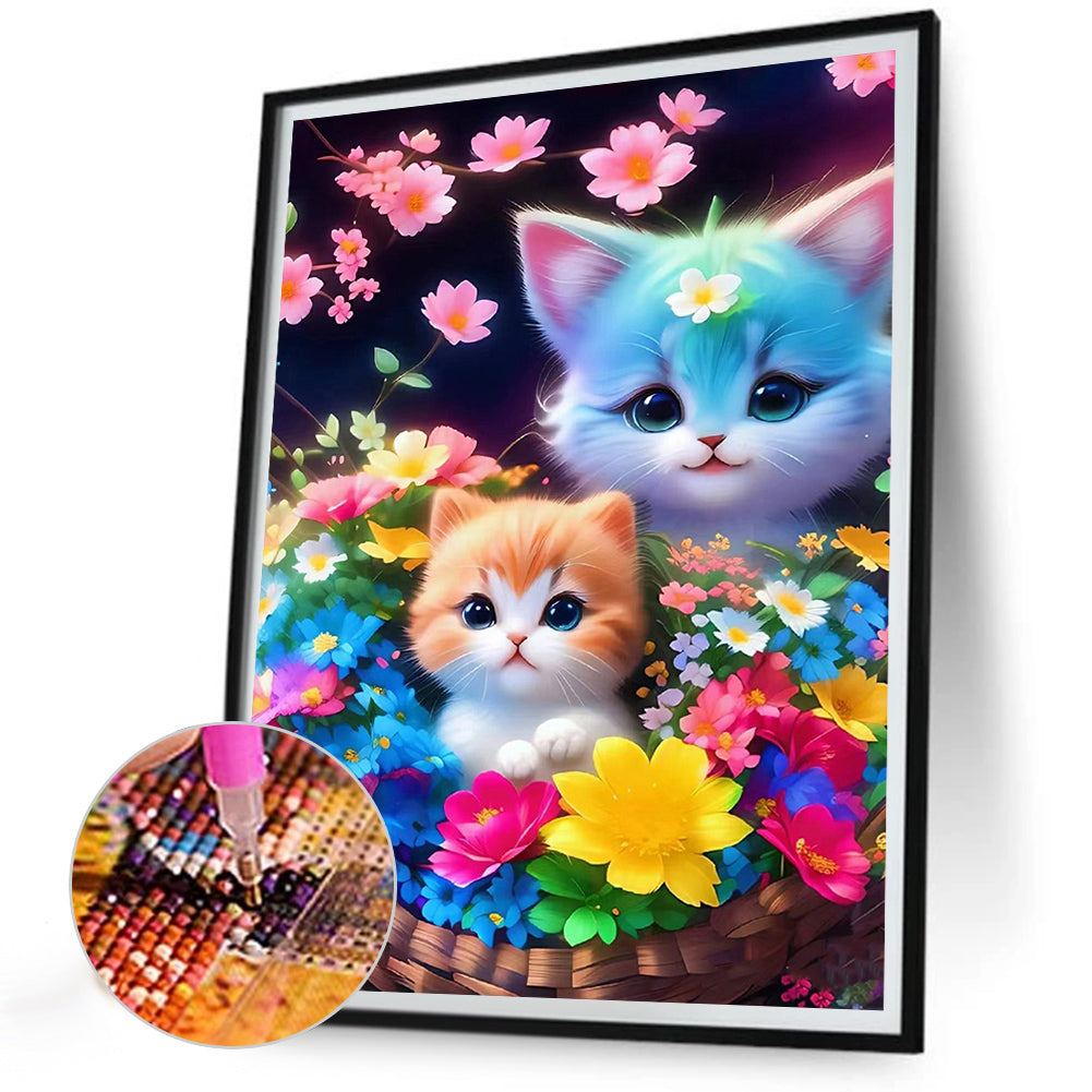 Blue Cat Mother And Kitten - Full Round Drill Diamond Painting 30*40CM