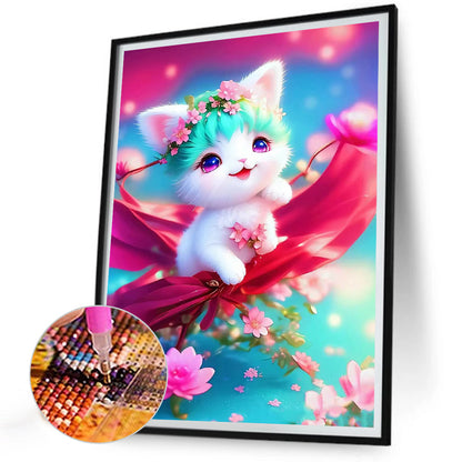 White Cat With Green Bangs - Full Round Drill Diamond Painting 30*40CM