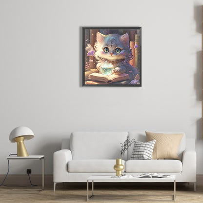 Cat Reading Under The Light - Full Round Drill Diamond Painting 30*30CM