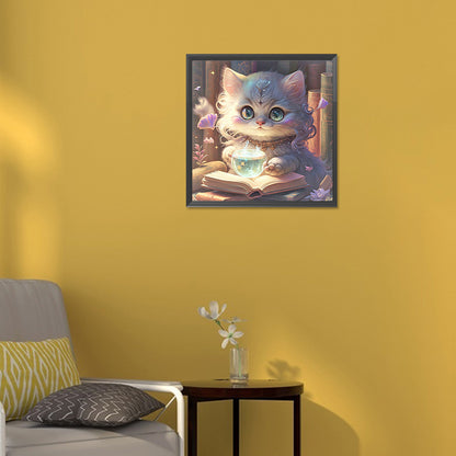 Cat Reading Under The Light - Full Round Drill Diamond Painting 30*30CM