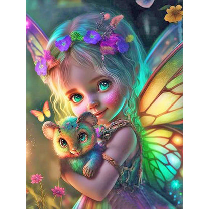 Butterfly Little Girl Holding A Little Mouse - Full Round Drill Diamond Painting 30*40CM