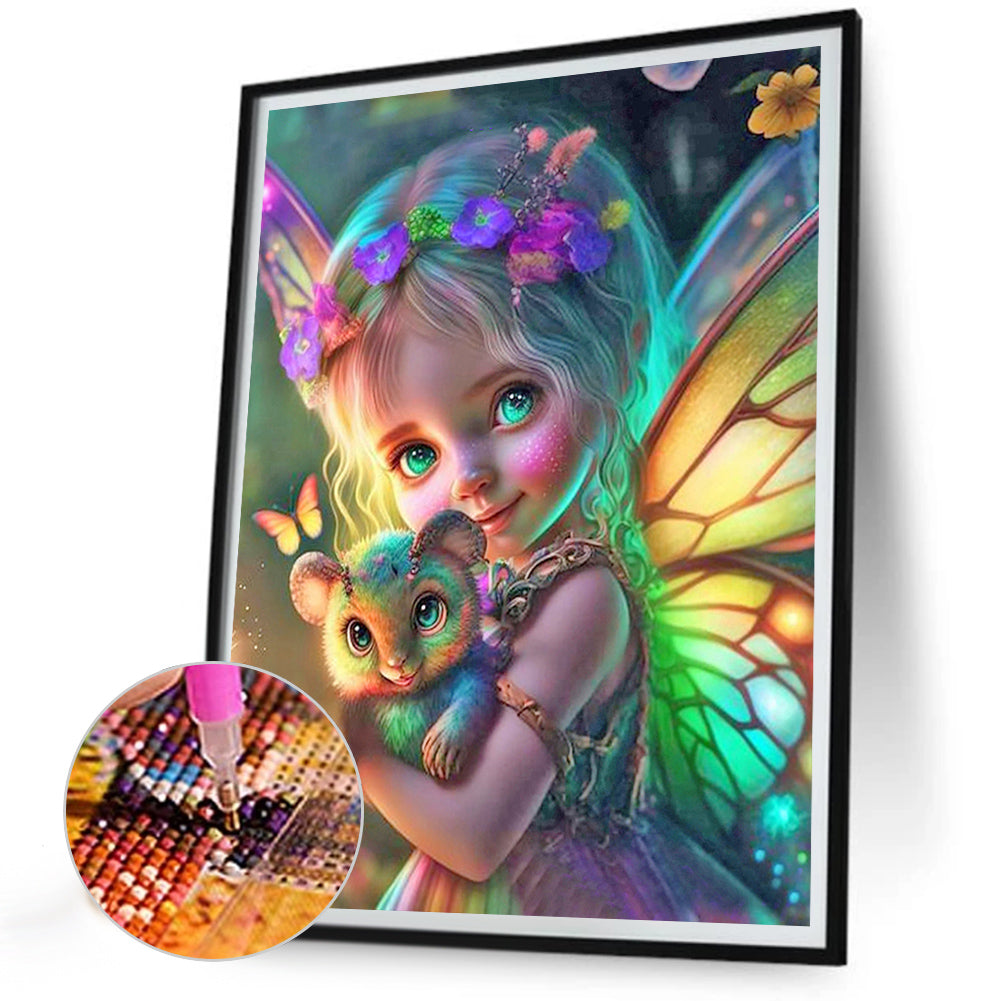 Butterfly Little Girl Holding A Little Mouse - Full Round Drill Diamond Painting 30*40CM