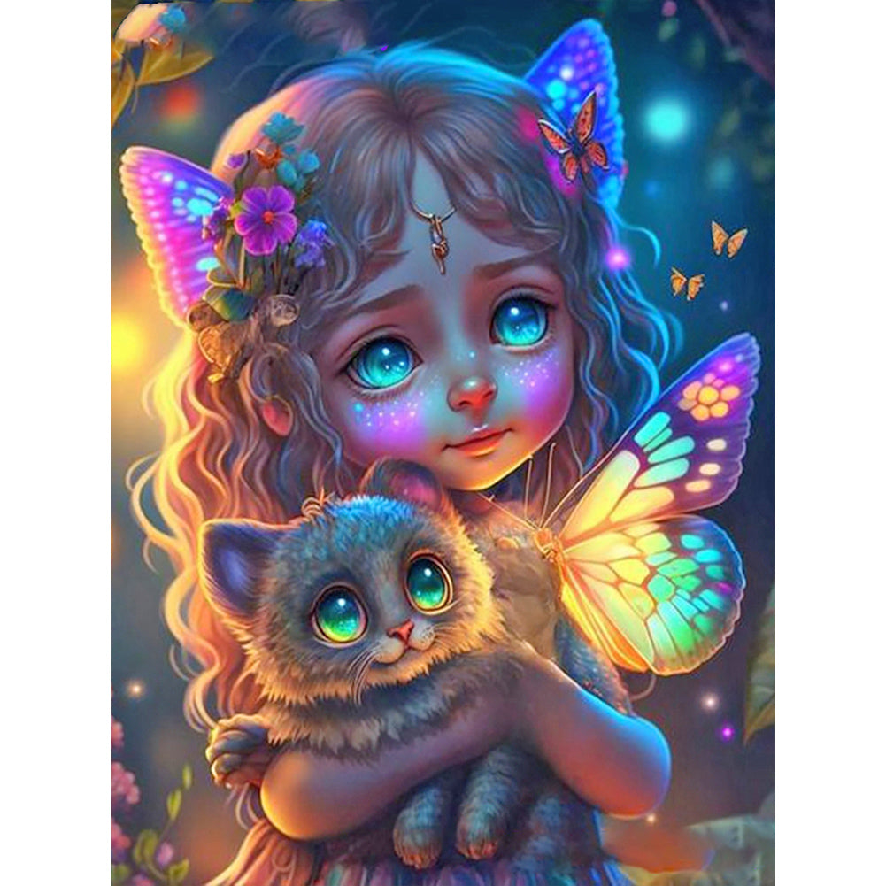 Butterfly Little Girl Holding A Kitten - Full Round Drill Diamond Painting 30*40CM