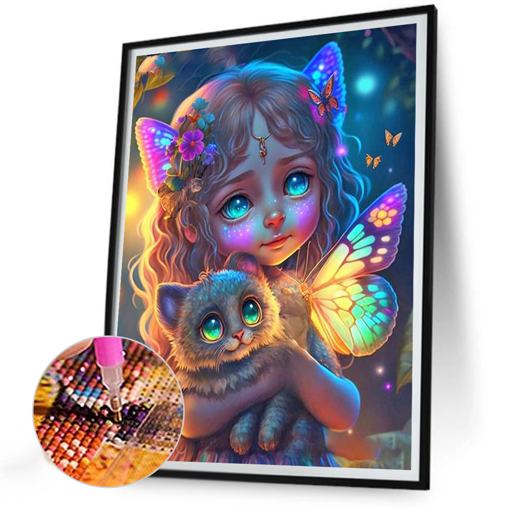 Butterfly Little Girl Holding A Kitten - Full Round Drill Diamond Painting 30*40CM