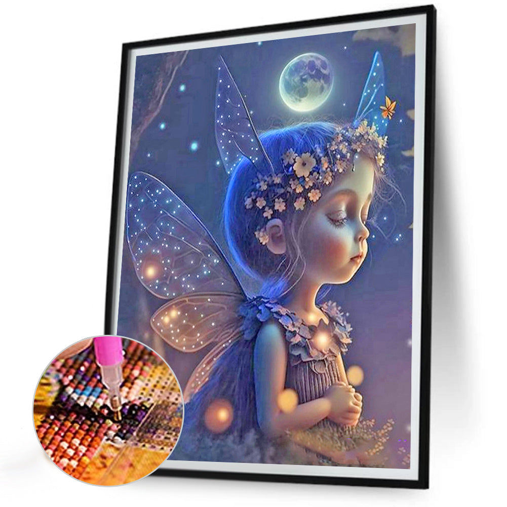 Butterfly Little Girl Wishing At Night - Full Round Drill Diamond Painting 30*40CM