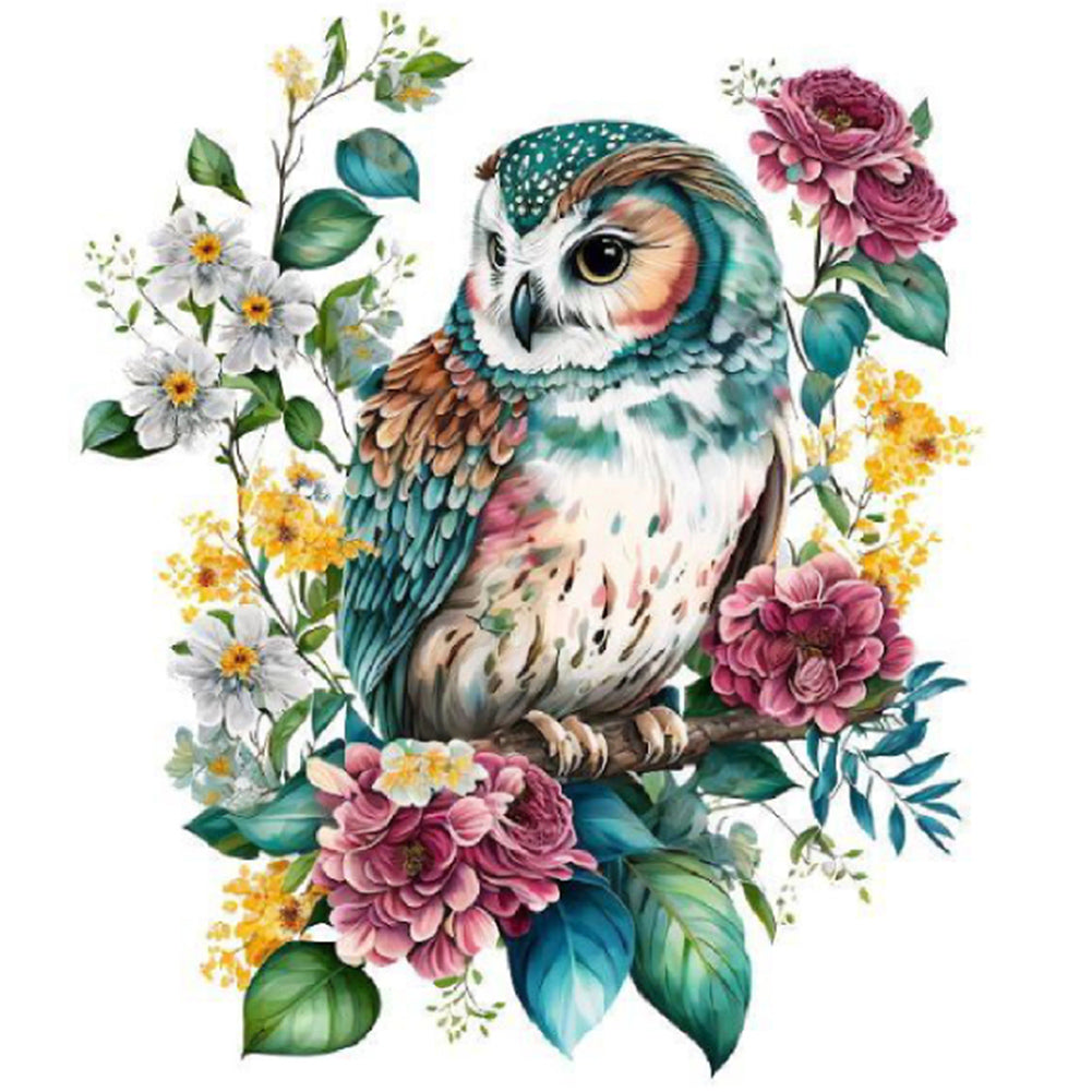 Flower With Green Owl - Full Round Drill Diamond Painting 30*30CM