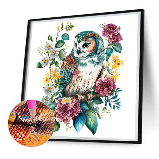 Flower With Green Owl - Full Round Drill Diamond Painting 30*30CM