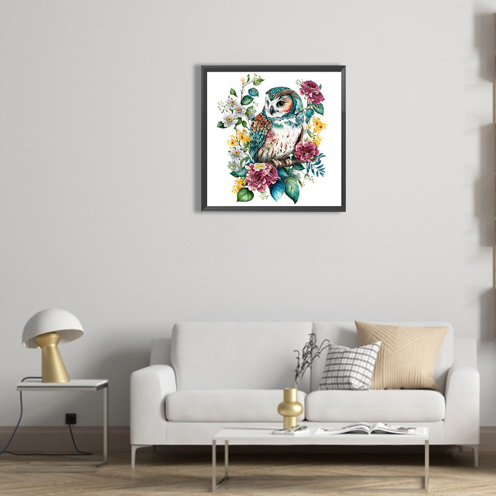 Flower With Green Owl - Full Round Drill Diamond Painting 30*30CM