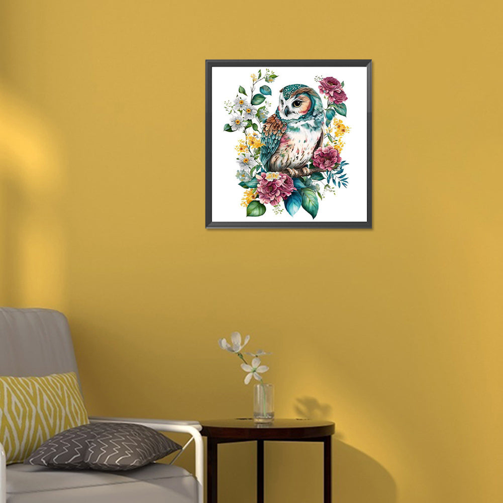 Flower With Green Owl - Full Round Drill Diamond Painting 30*30CM