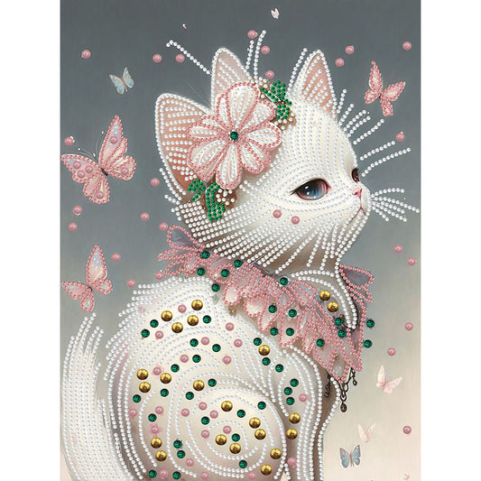 White Butterfly Cat - Special Shaped Drill Diamond Painting 30*40CM