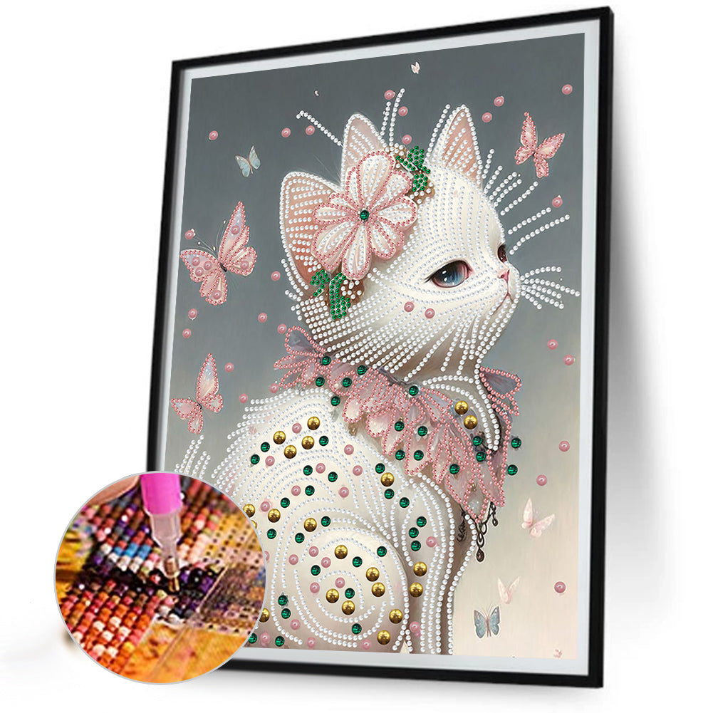 White Butterfly Cat - Special Shaped Drill Diamond Painting 30*40CM