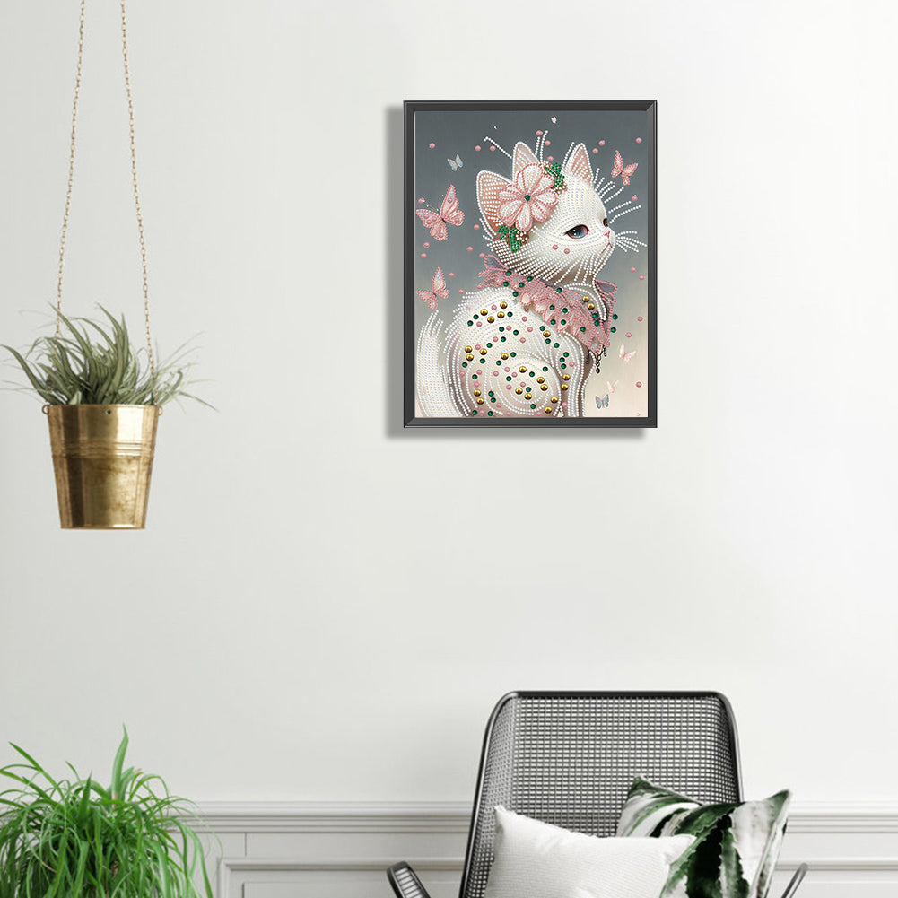 White Butterfly Cat - Special Shaped Drill Diamond Painting 30*40CM