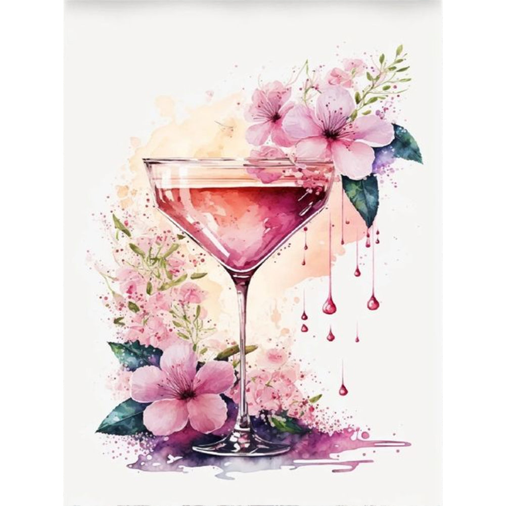 Watercolor Flower Wine Glass - Full Round Drill Diamond Painting 30*40CM