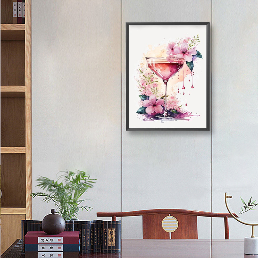 Watercolor Flower Wine Glass - Full Round Drill Diamond Painting 30*40CM