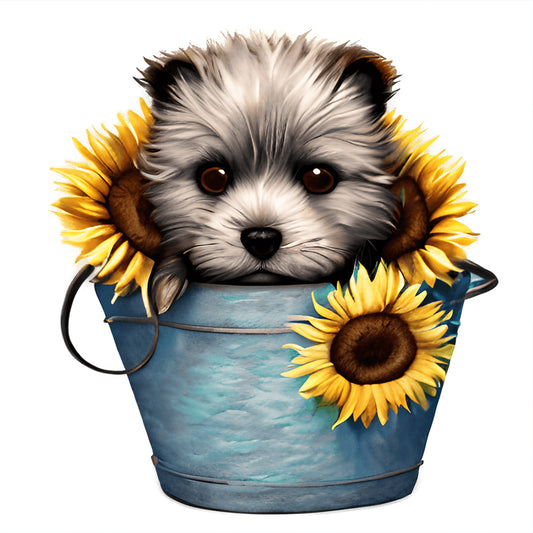 Sunflower Puppy In Iron Bucket - Full Round Drill Diamond Painting 30*30CM