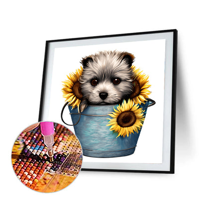 Sunflower Puppy In Iron Bucket - Full Round Drill Diamond Painting 30*30CM