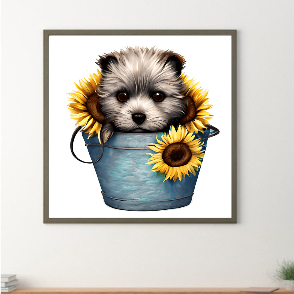 Sunflower Puppy In Iron Bucket - Full Round Drill Diamond Painting 30*30CM