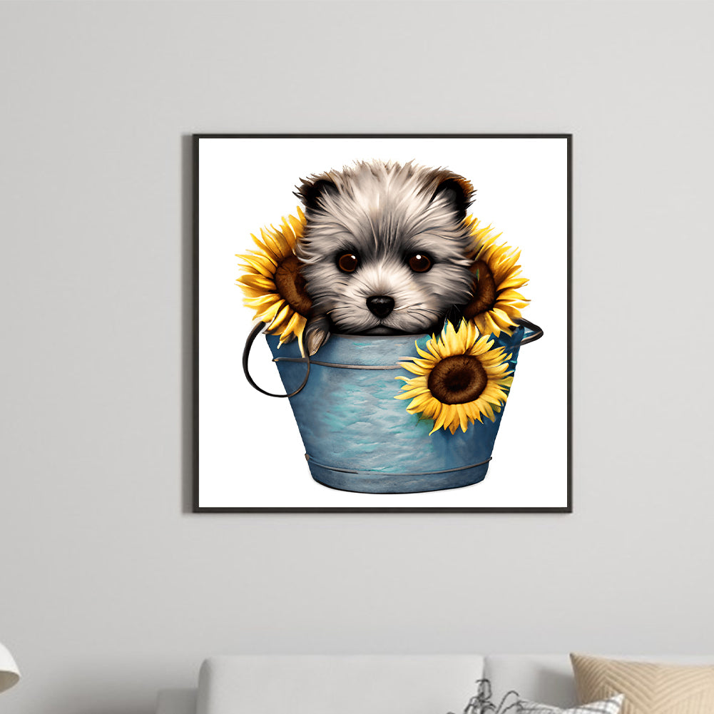 Sunflower Puppy In Iron Bucket - Full Round Drill Diamond Painting 30*30CM