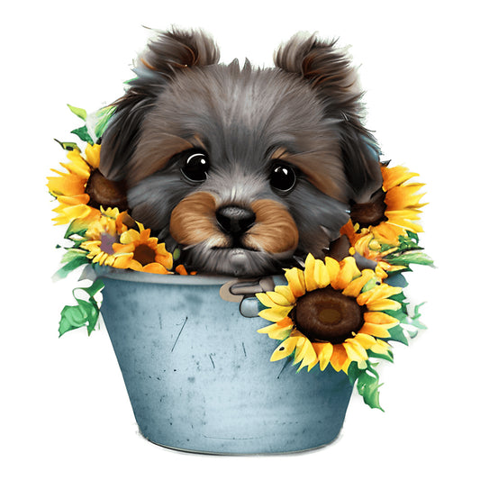 Sunflower Puppy In Iron Bucket - Full Round Drill Diamond Painting 30*30CM