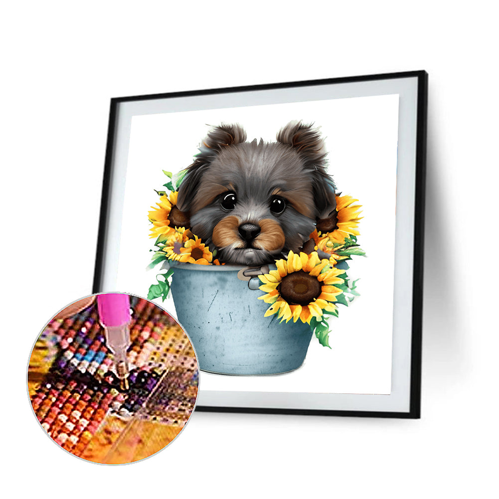 Sunflower Puppy In Iron Bucket - Full Round Drill Diamond Painting 30*30CM