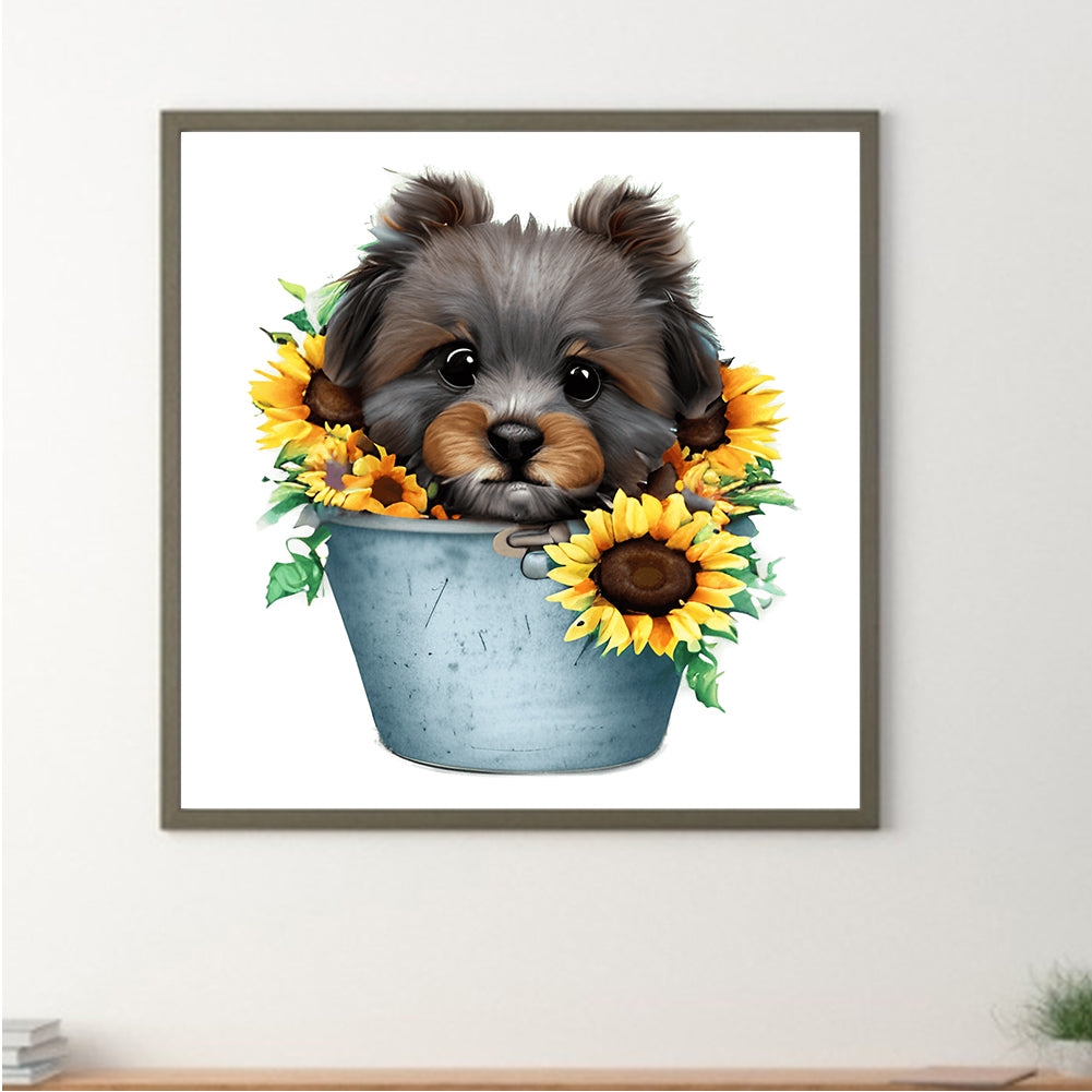 Sunflower Puppy In Iron Bucket - Full Round Drill Diamond Painting 30*30CM