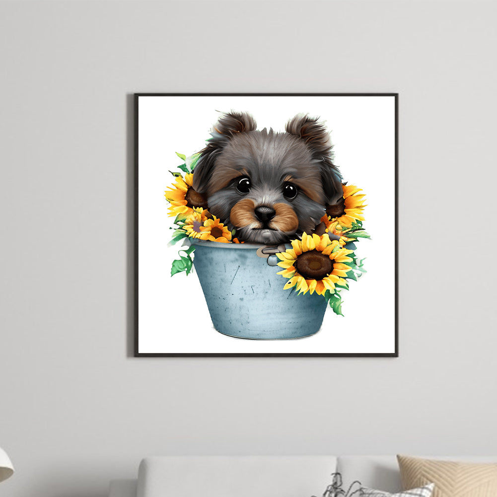 Sunflower Puppy In Iron Bucket - Full Round Drill Diamond Painting 30*30CM