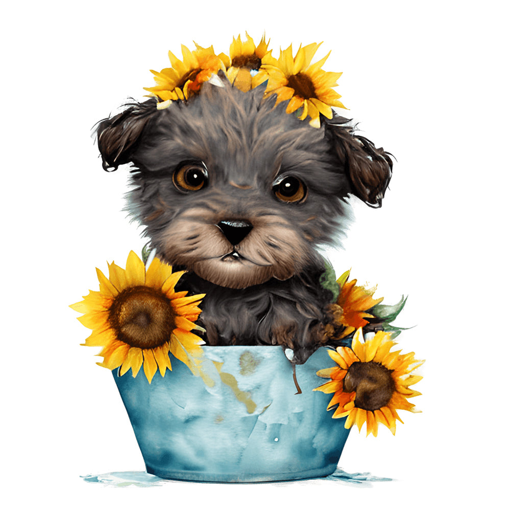 Sunflower Puppy In Iron Bucket - Full Round Drill Diamond Painting 30*30CM