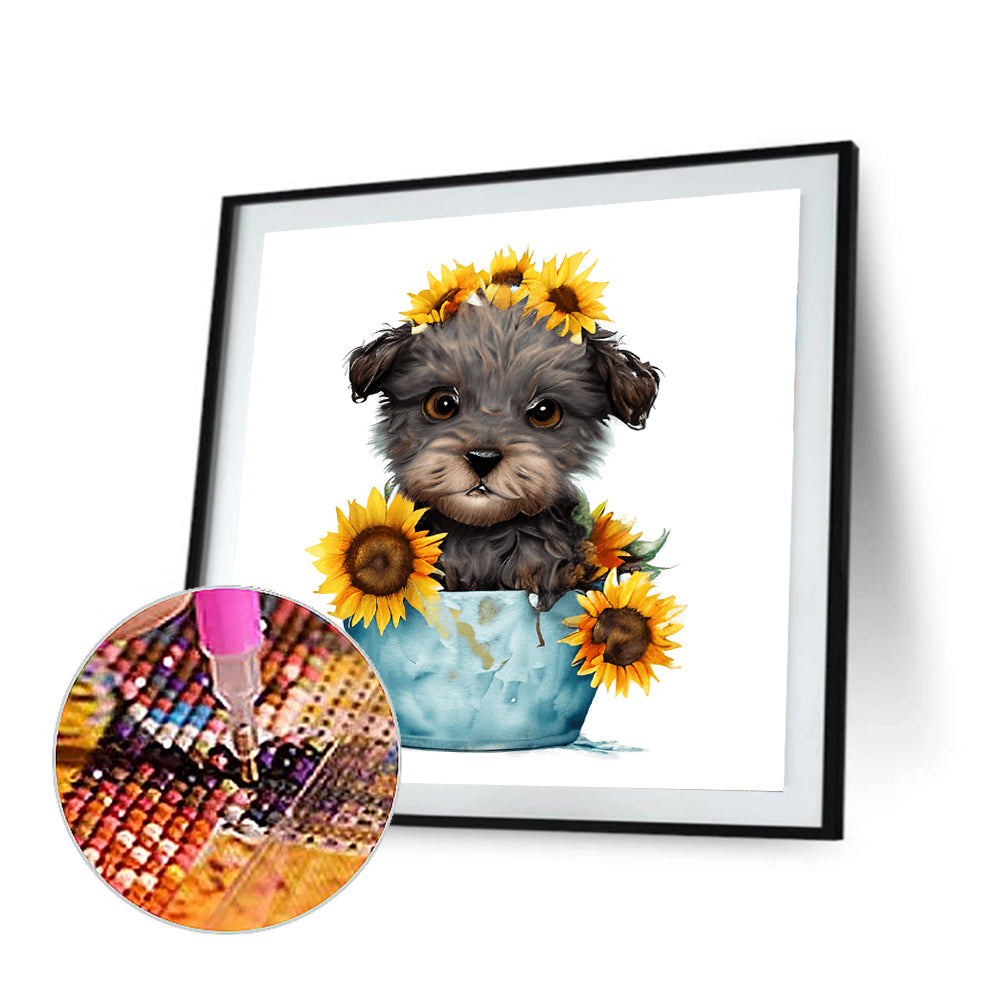 Sunflower Puppy In Iron Bucket - Full Round Drill Diamond Painting 30*30CM