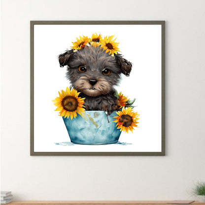 Sunflower Puppy In Iron Bucket - Full Round Drill Diamond Painting 30*30CM