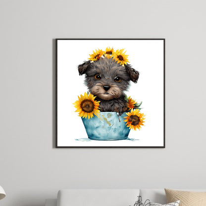 Sunflower Puppy In Iron Bucket - Full Round Drill Diamond Painting 30*30CM