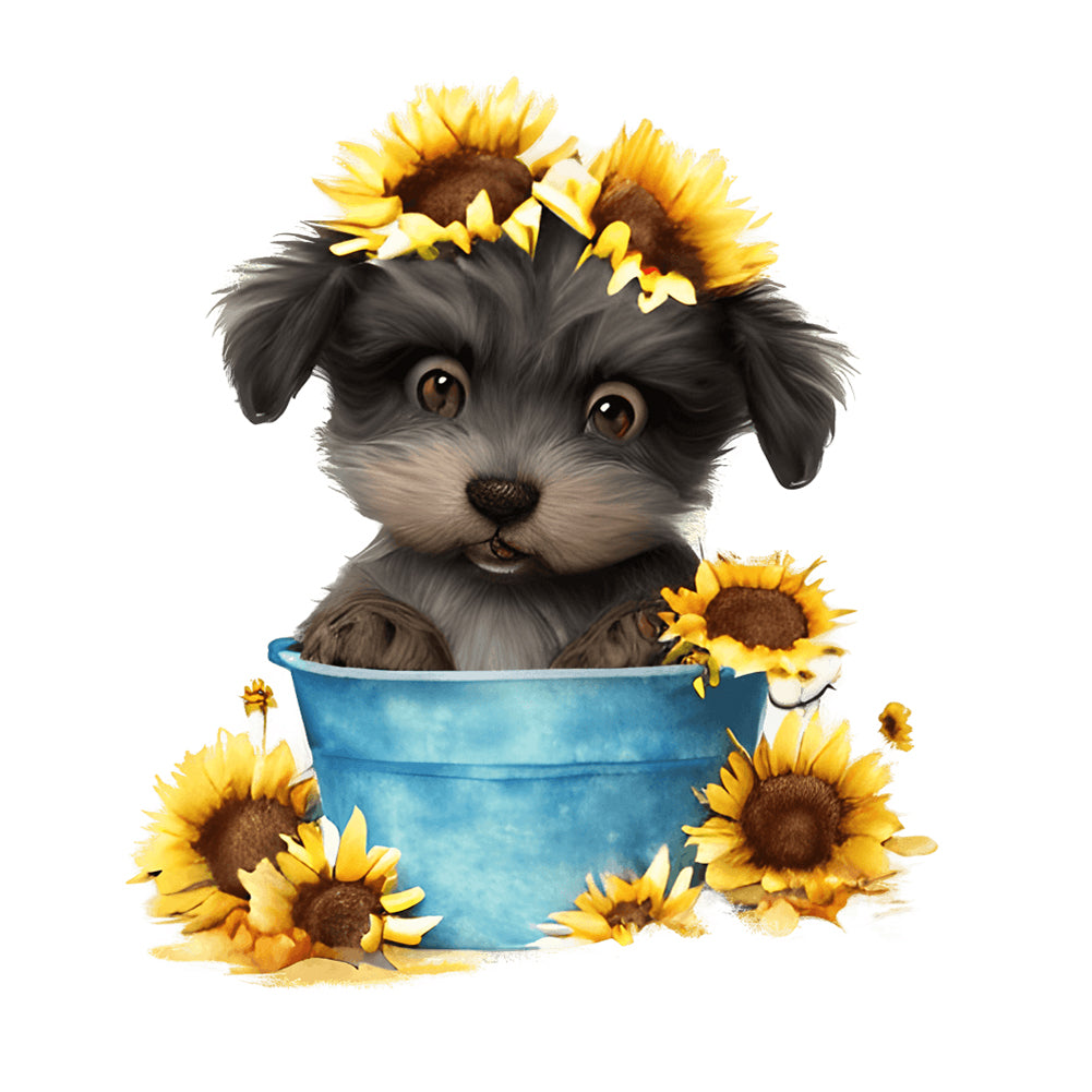 Sunflower Puppy In Iron Bucket - Full Round Drill Diamond Painting 30*30CM