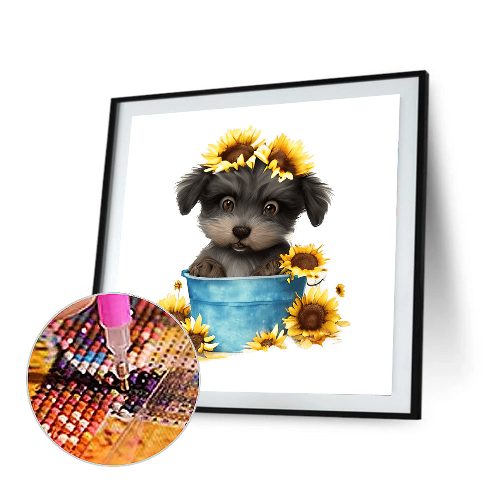 Sunflower Puppy In Iron Bucket - Full Round Drill Diamond Painting 30*30CM