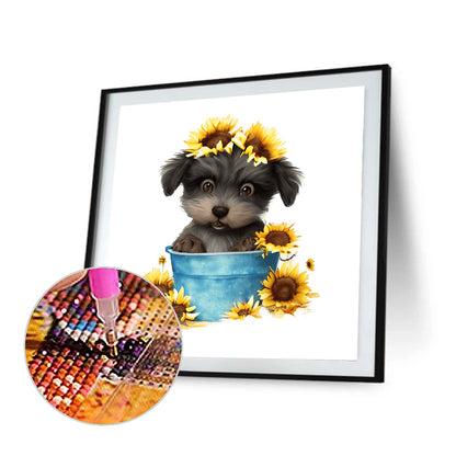 Sunflower Puppy In Iron Bucket - Full Round Drill Diamond Painting 30*30CM