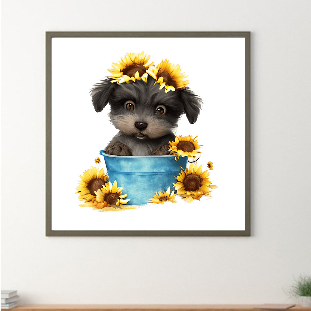 Sunflower Puppy In Iron Bucket - Full Round Drill Diamond Painting 30*30CM