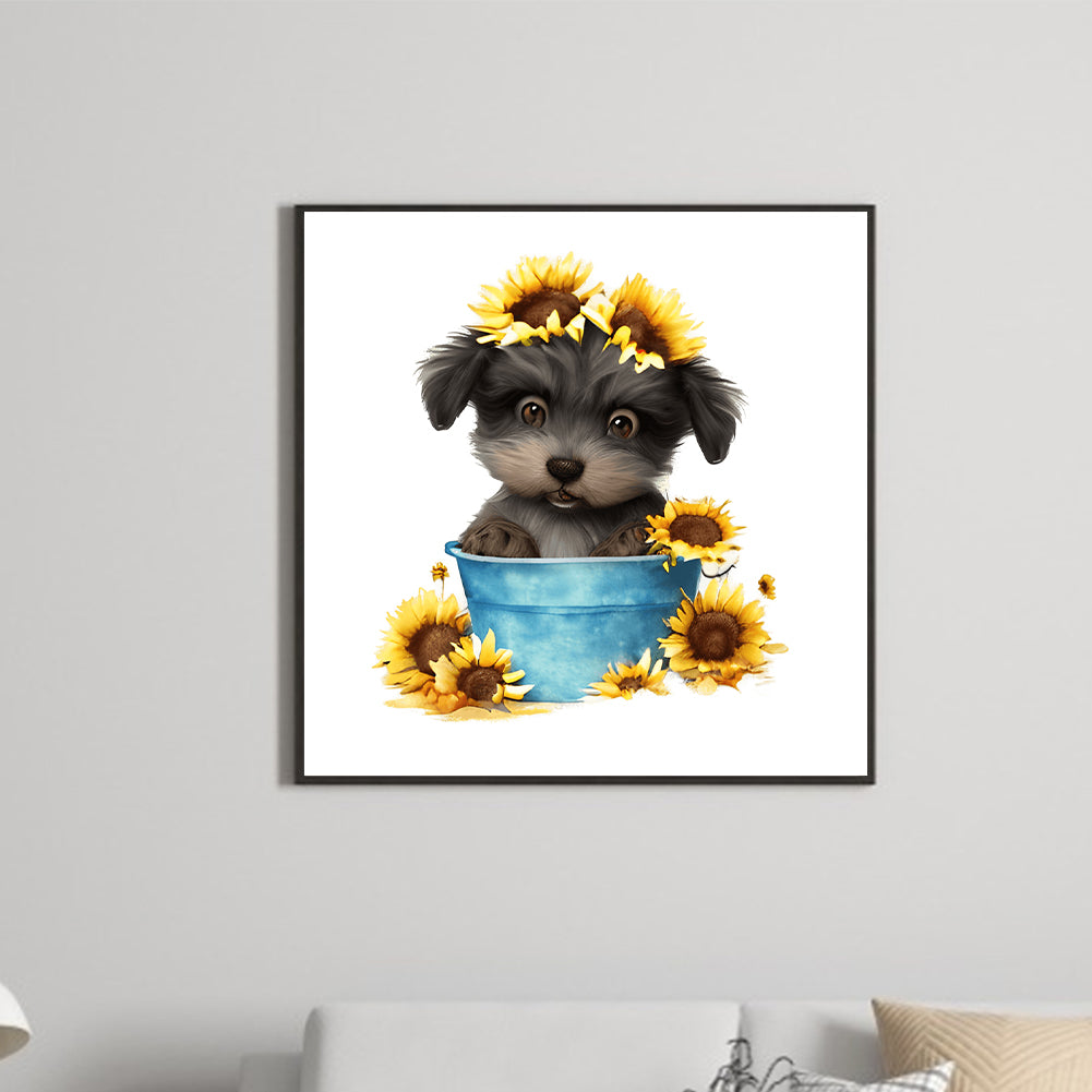 Sunflower Puppy In Iron Bucket - Full Round Drill Diamond Painting 30*30CM