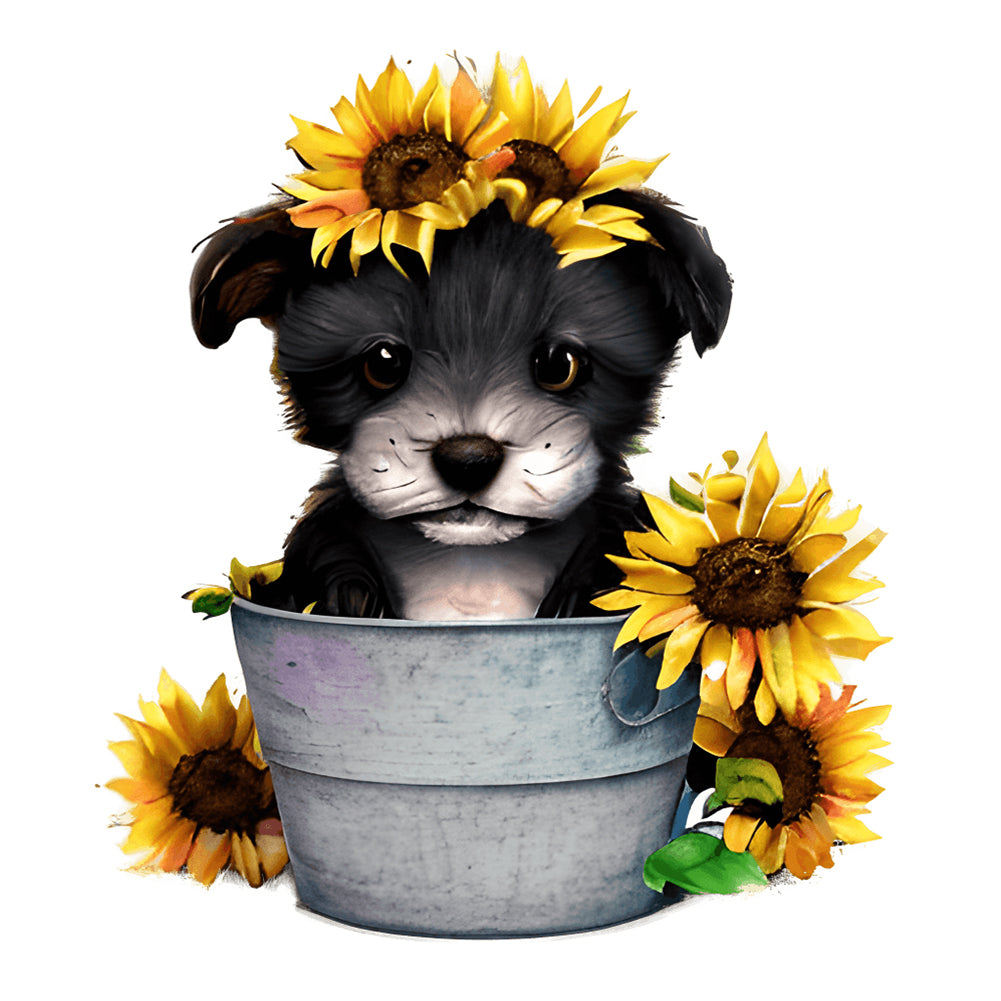 Sunflower Puppy In Iron Bucket - Full Round Drill Diamond Painting 30*30CM