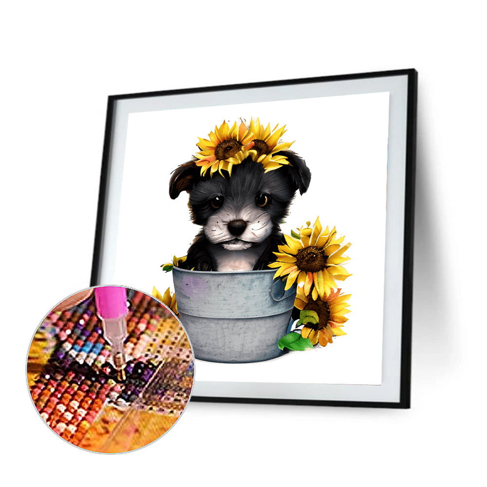 Sunflower Puppy In Iron Bucket - Full Round Drill Diamond Painting 30*30CM