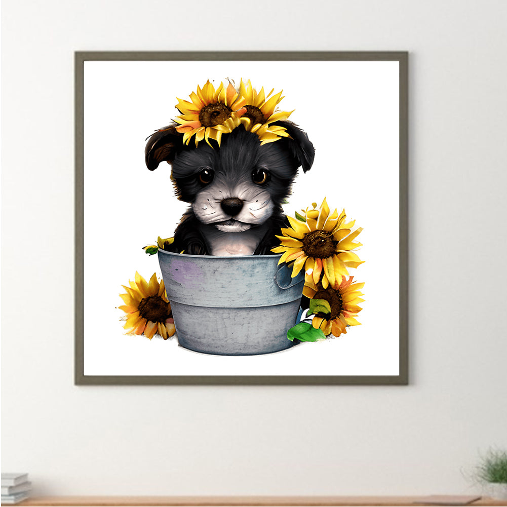 Sunflower Puppy In Iron Bucket - Full Round Drill Diamond Painting 30*30CM