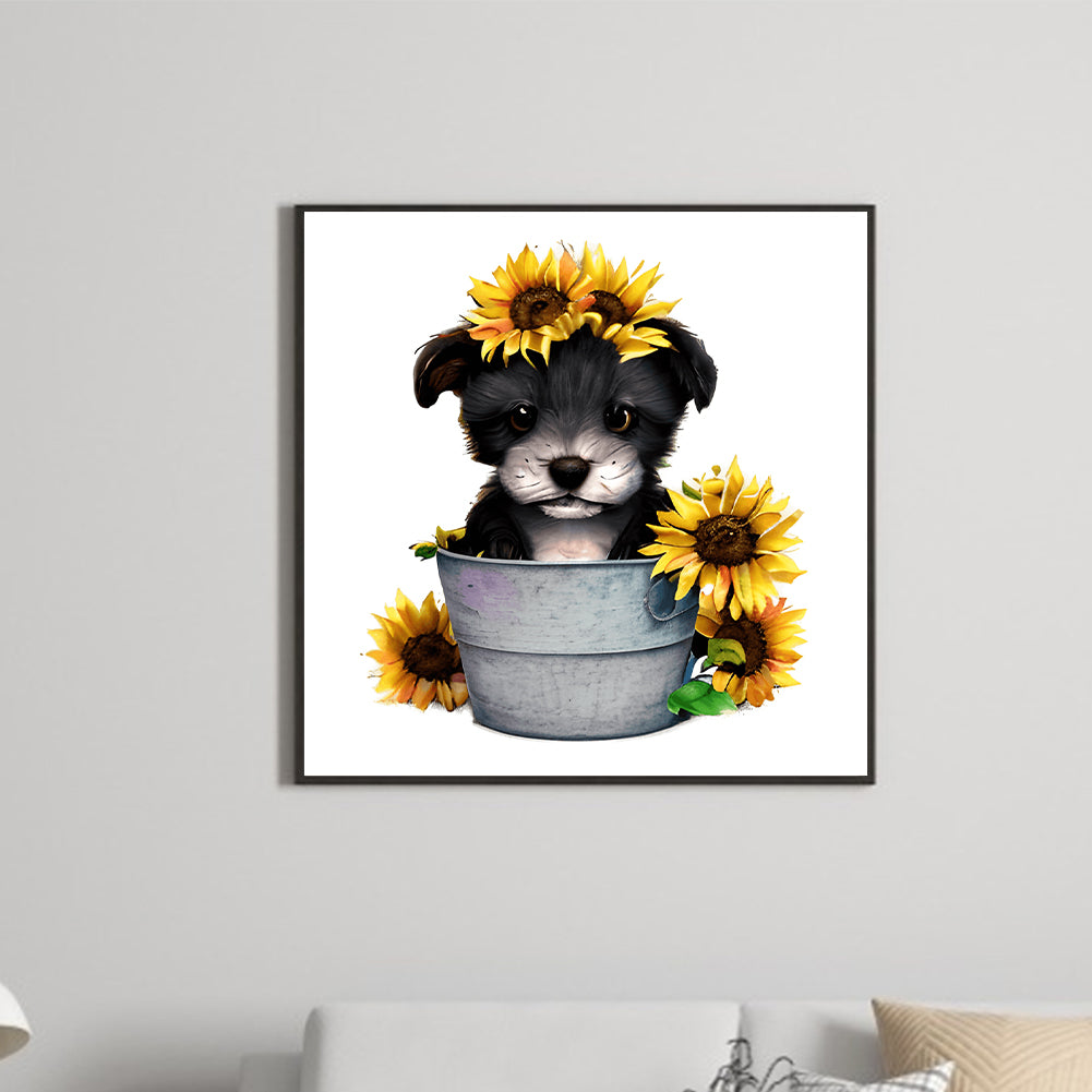 Sunflower Puppy In Iron Bucket - Full Round Drill Diamond Painting 30*30CM