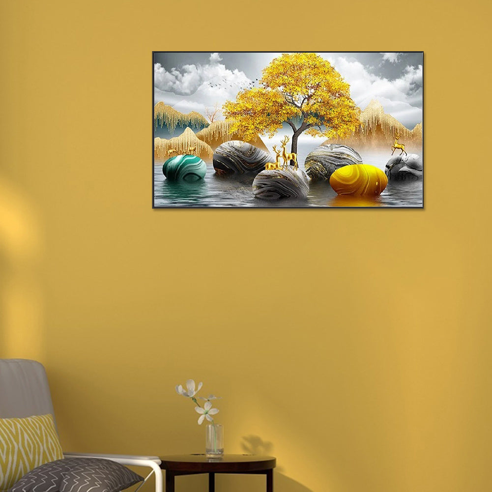Golden Deer Ginkgo Leaf - Full Round Drill Diamond Painting 70*40CM